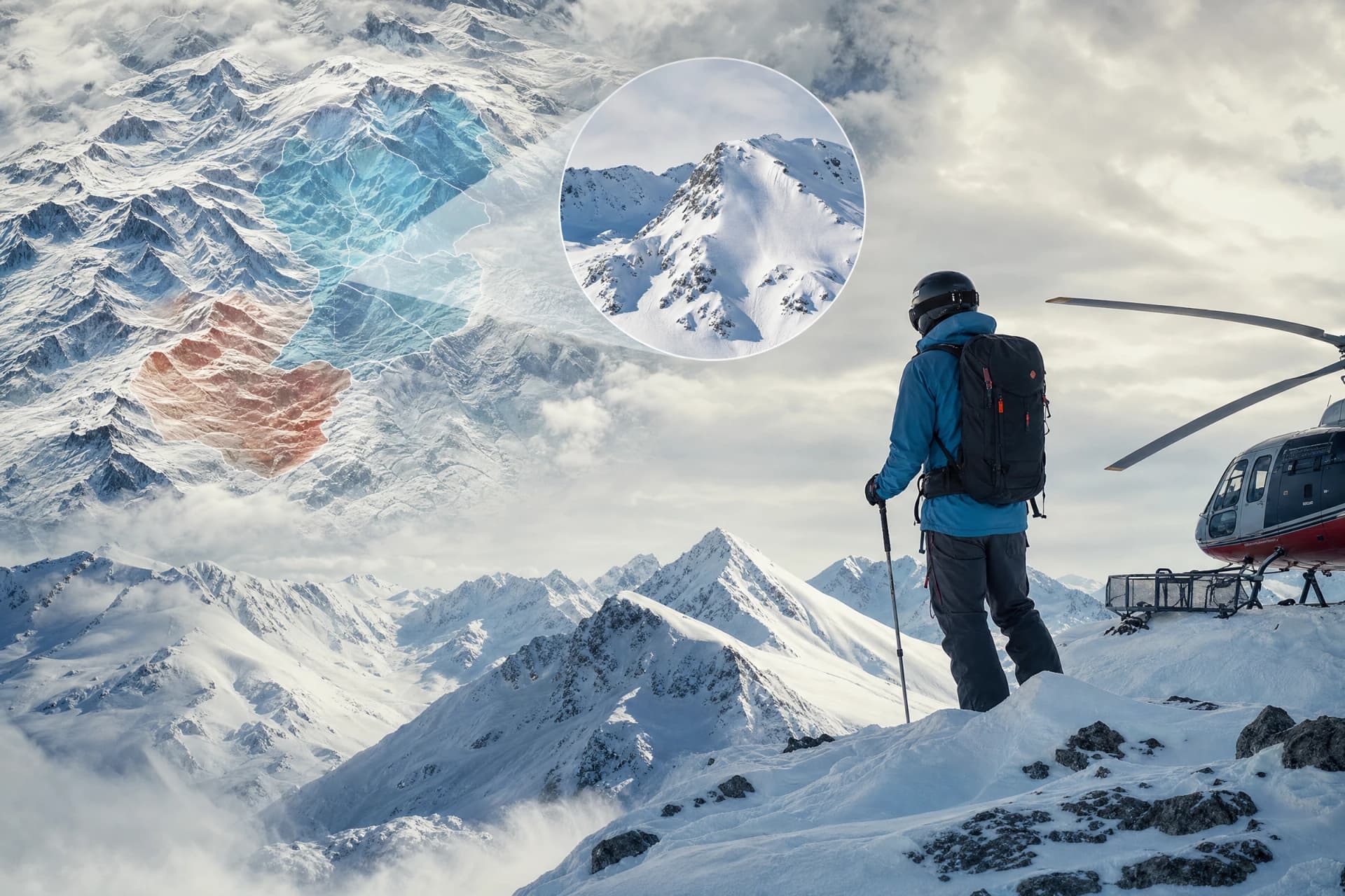 Conceptual illustration showing a regional avalanche forecast being interpreted alongside local mountain conditions.