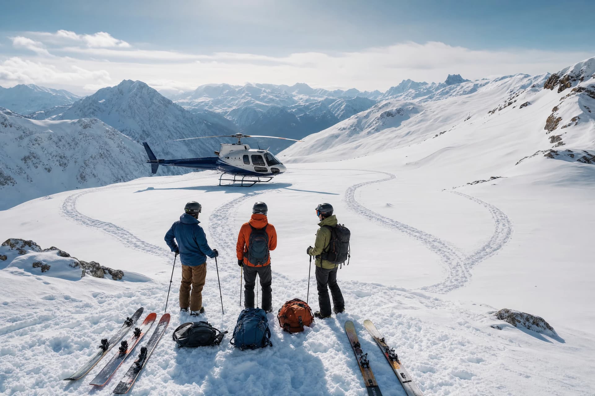Illustration of skiers considering alternative plans beside a helicopter at a mountain base.