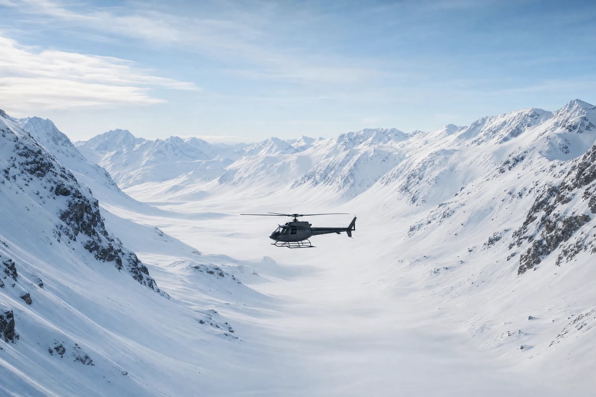 A small completely unmarked helicopter centered in a wide snowy mountain valley beneath an open sky.