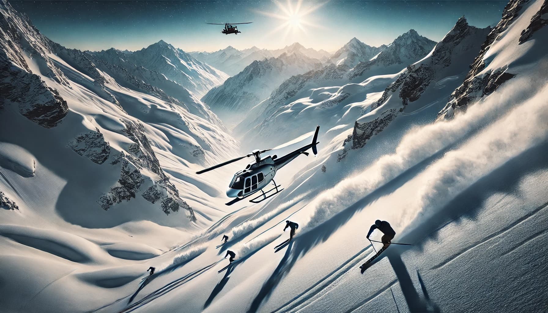 5 people heli skiing in the sun.